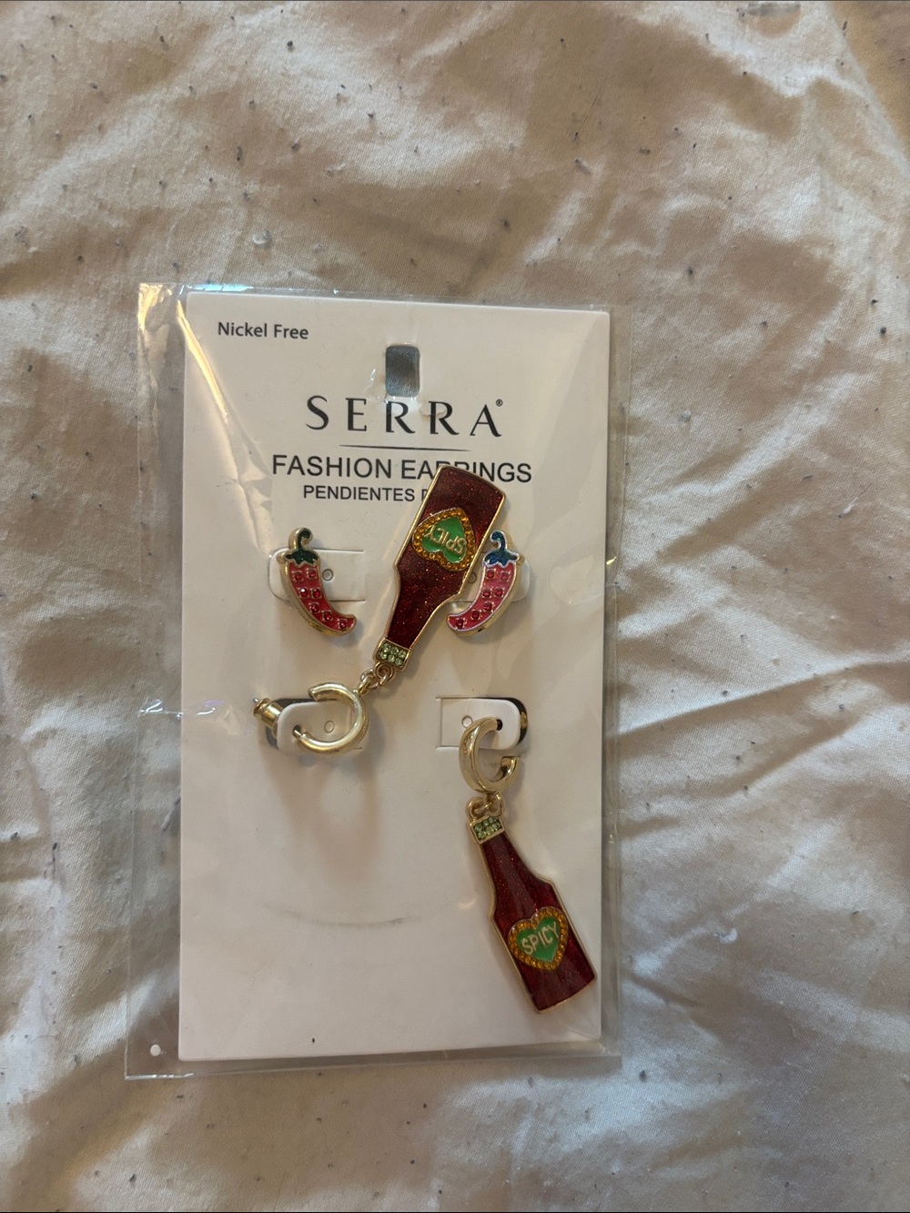 Serra Red & Green Hot Sauce Bottle and Chili Pepper Dangle Earrings